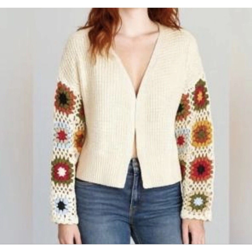 Audrey Parks Francesca's Cream Cardigan Granny Square Sleeve Boho Crop sz S